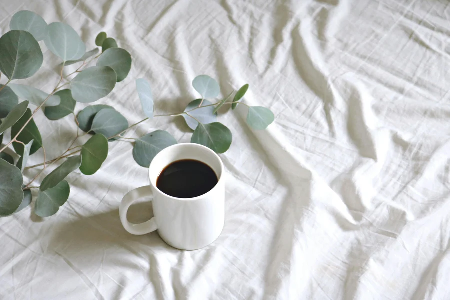 Coffee mug and eucalyptus branch on white linen