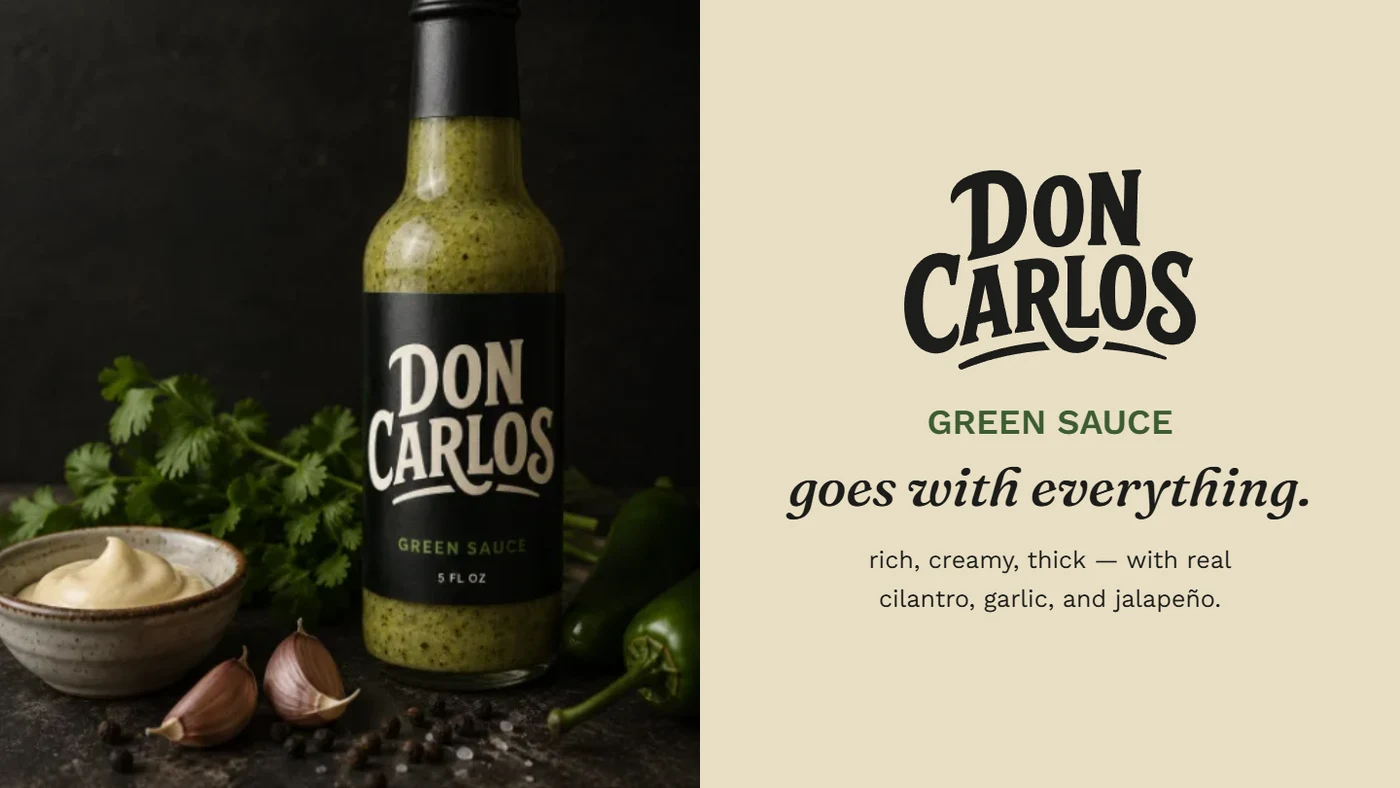 Don Carlos ad: split composition with product photography and Green Sauce wordmark on cream