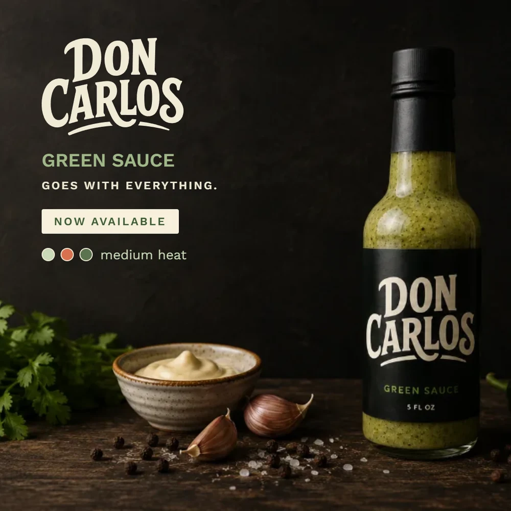 Don Carlos ad: now available callout with bottle and ingredients on dark background