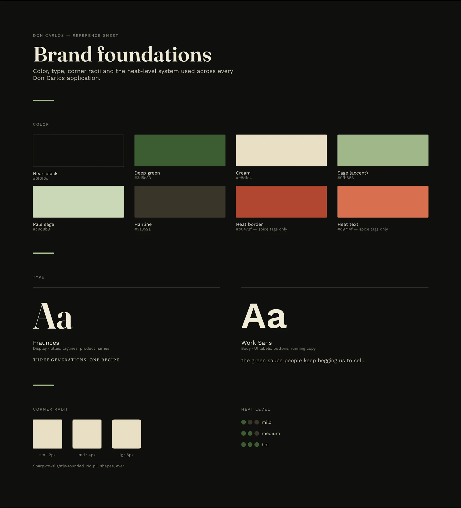Don Carlos brand foundations spread: color, type, corner radii, and heat-level system reference sheet