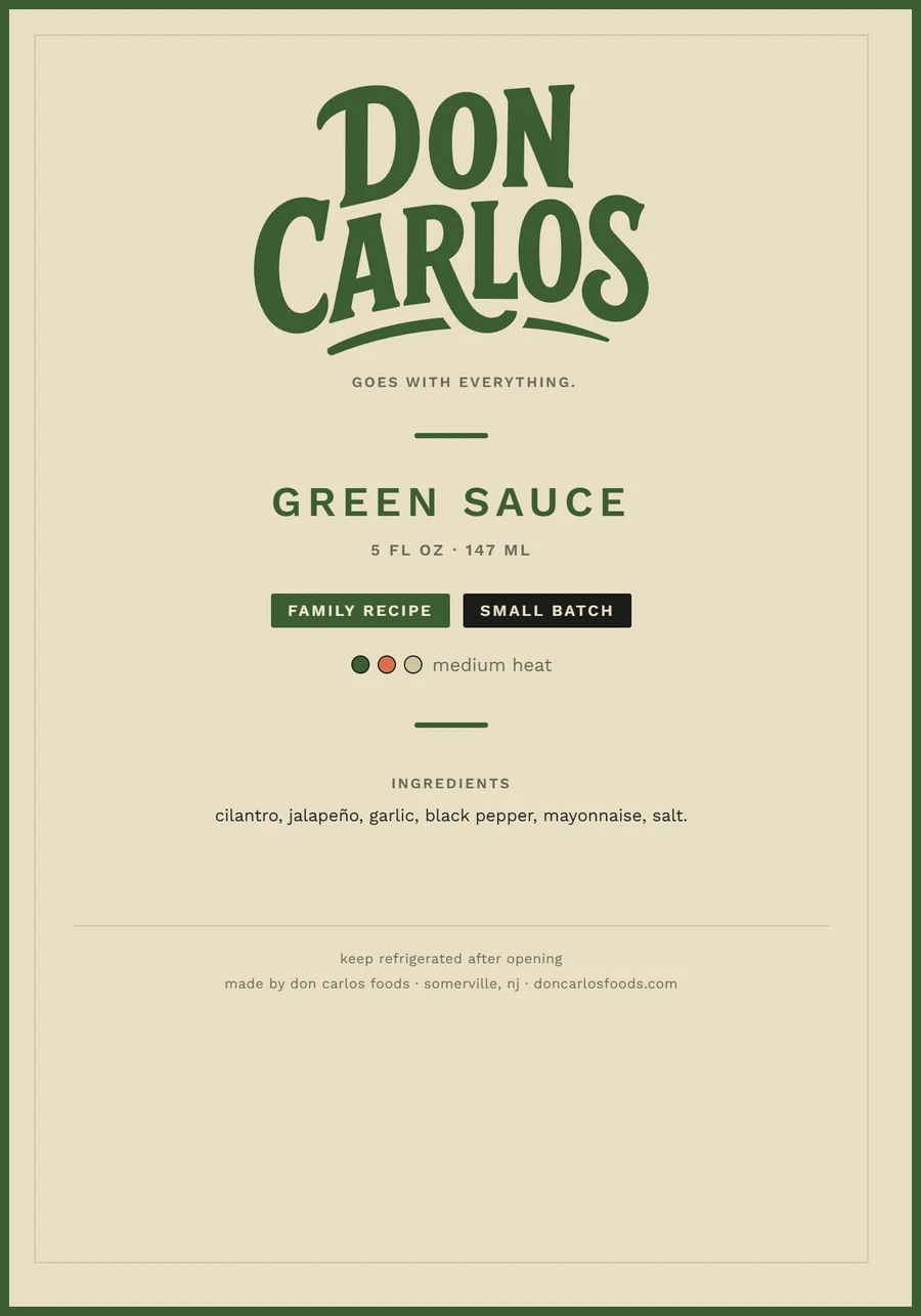 Don Carlos Green Sauce label, cream background variant