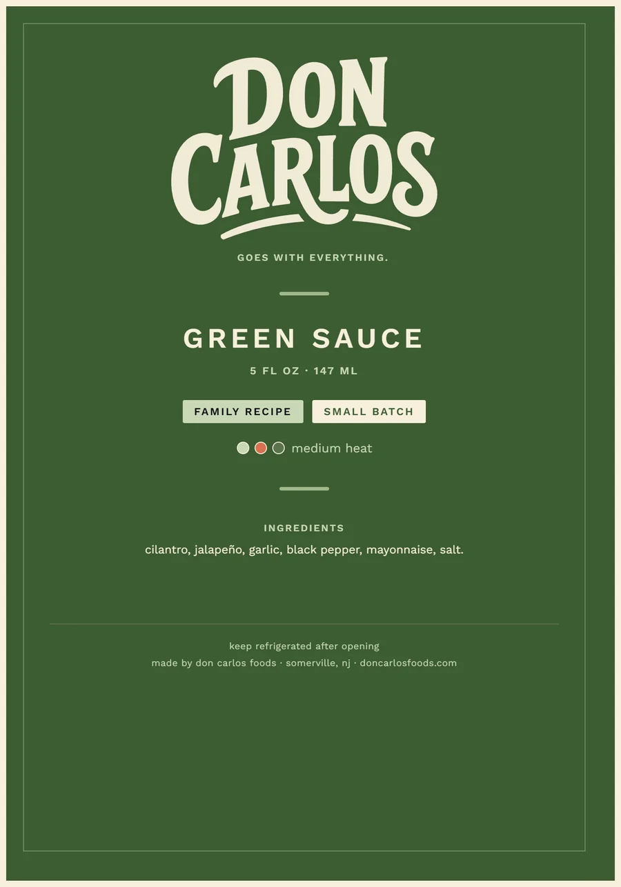 Don Carlos Green Sauce label, deep green background variant