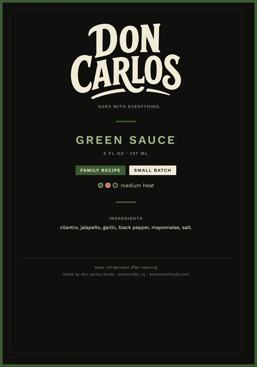Don Carlos Green Sauce label, near-black background variant