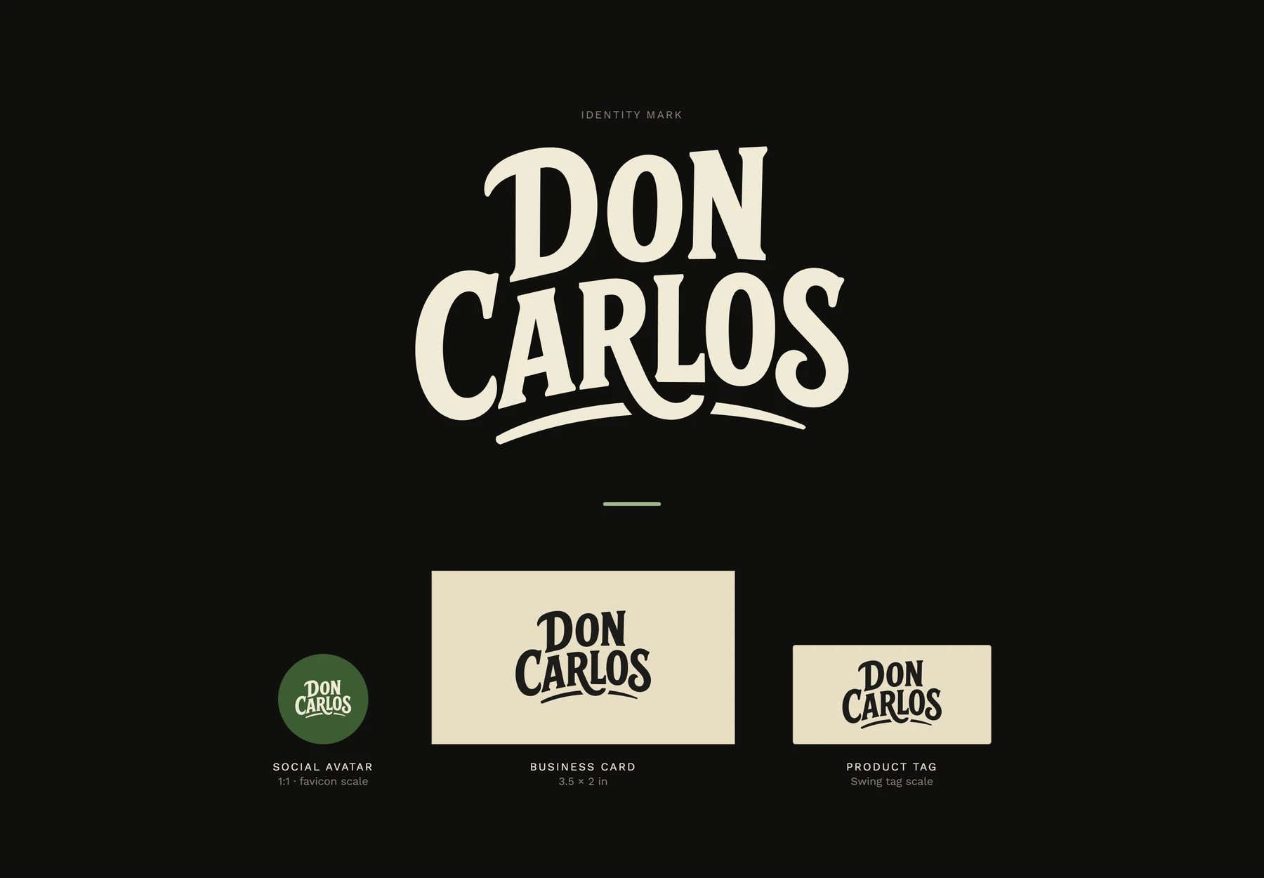 Don Carlos wordmark showcase: identity mark, social avatar, business card, and product tag applications