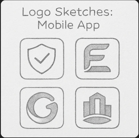 Four early logo concept sketches for the EverTrust mobile app icon: shield, lettermark, swirl, and skyline