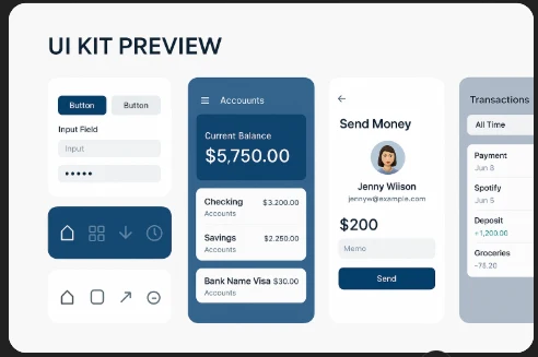 EverTrust UI kit preview showing buttons, inputs, account overview, and send-money screens