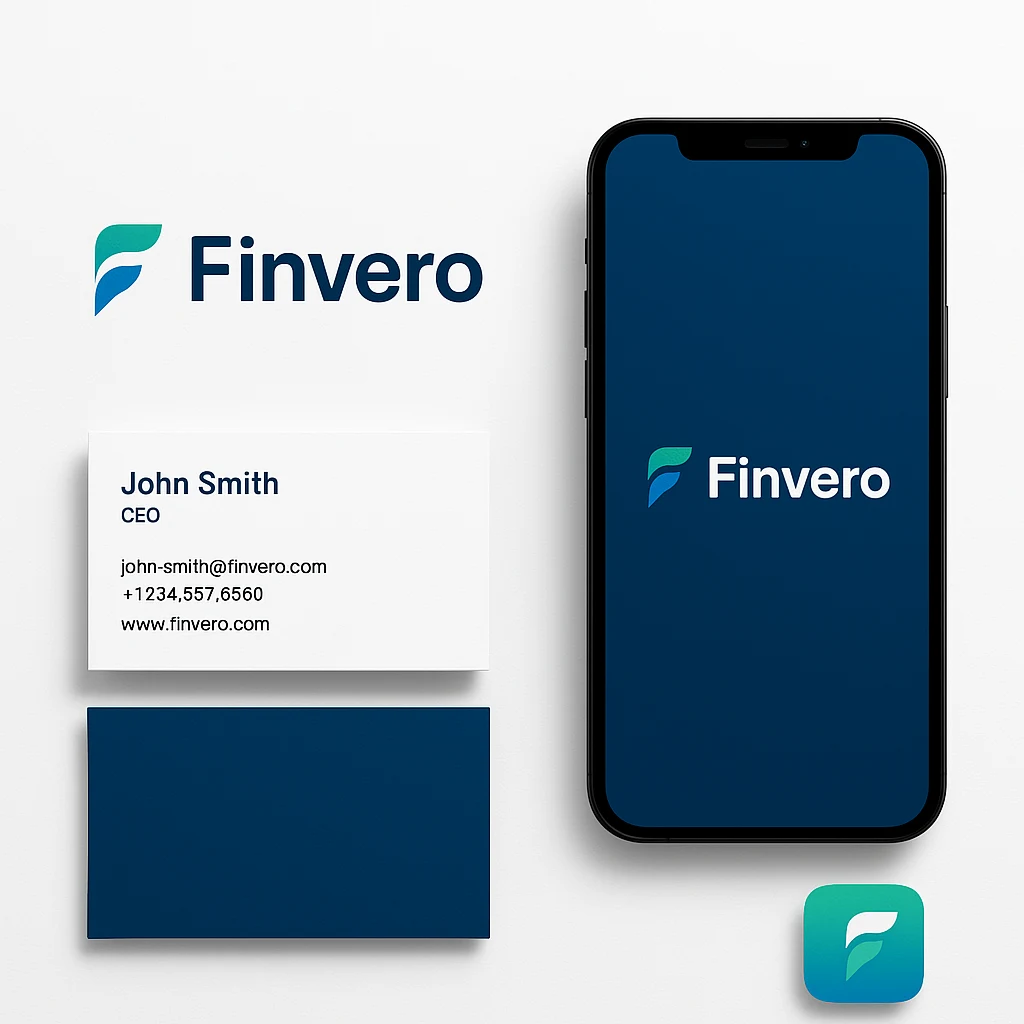 Finvero brand identity mockup: logo, business card, phone splash screen, and app icon