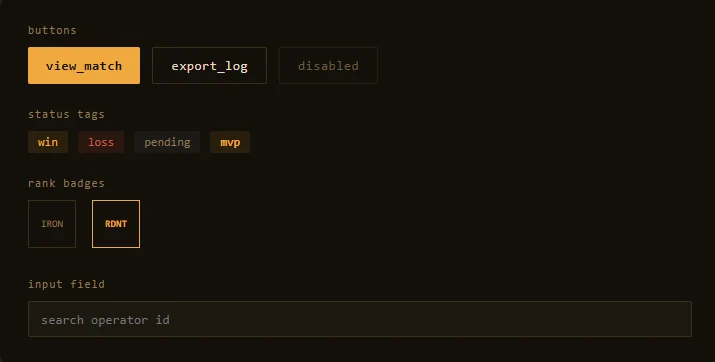 FRAG.LOG UI component reference sheet: buttons, status tags, rank badges, and input field