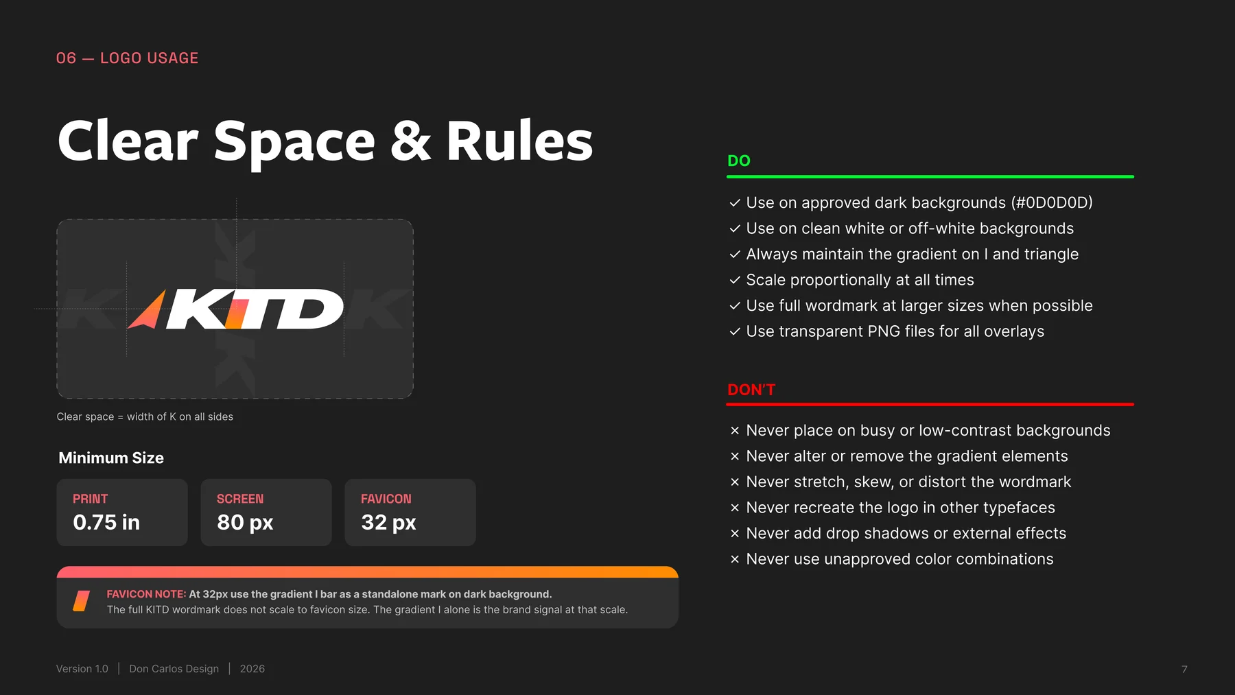 Guideline spread showing clear space, minimum sizing, and logo usage rules