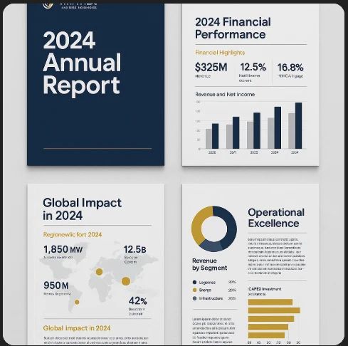 Vantrex Global Holdings 2024 Annual Report mockup: cover, financial performance, global impact map, and operational excellence pages
